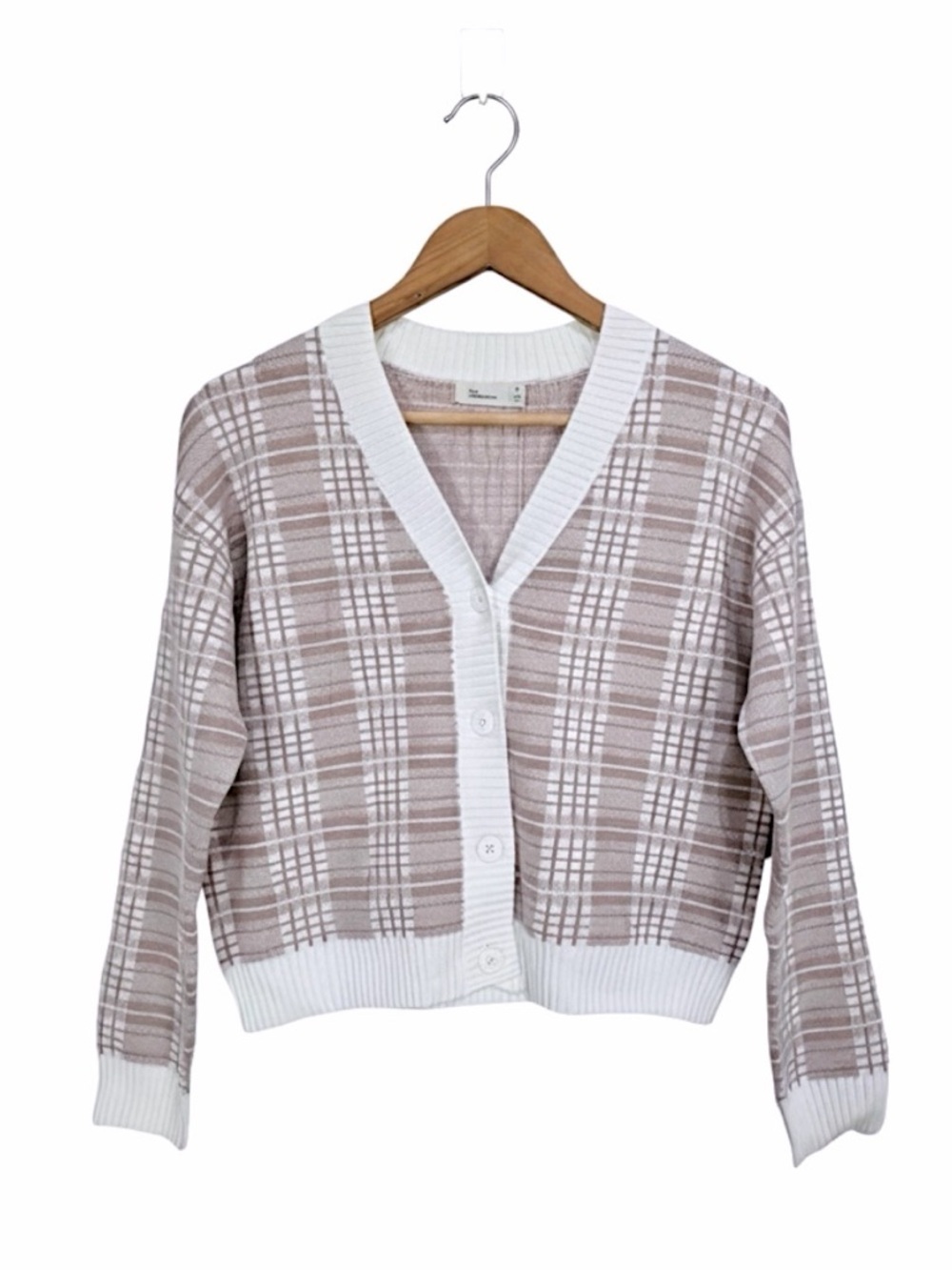 The Commons Stitch Fix Plaid V-Neck Button Up Cardigan Beige White Large NWT